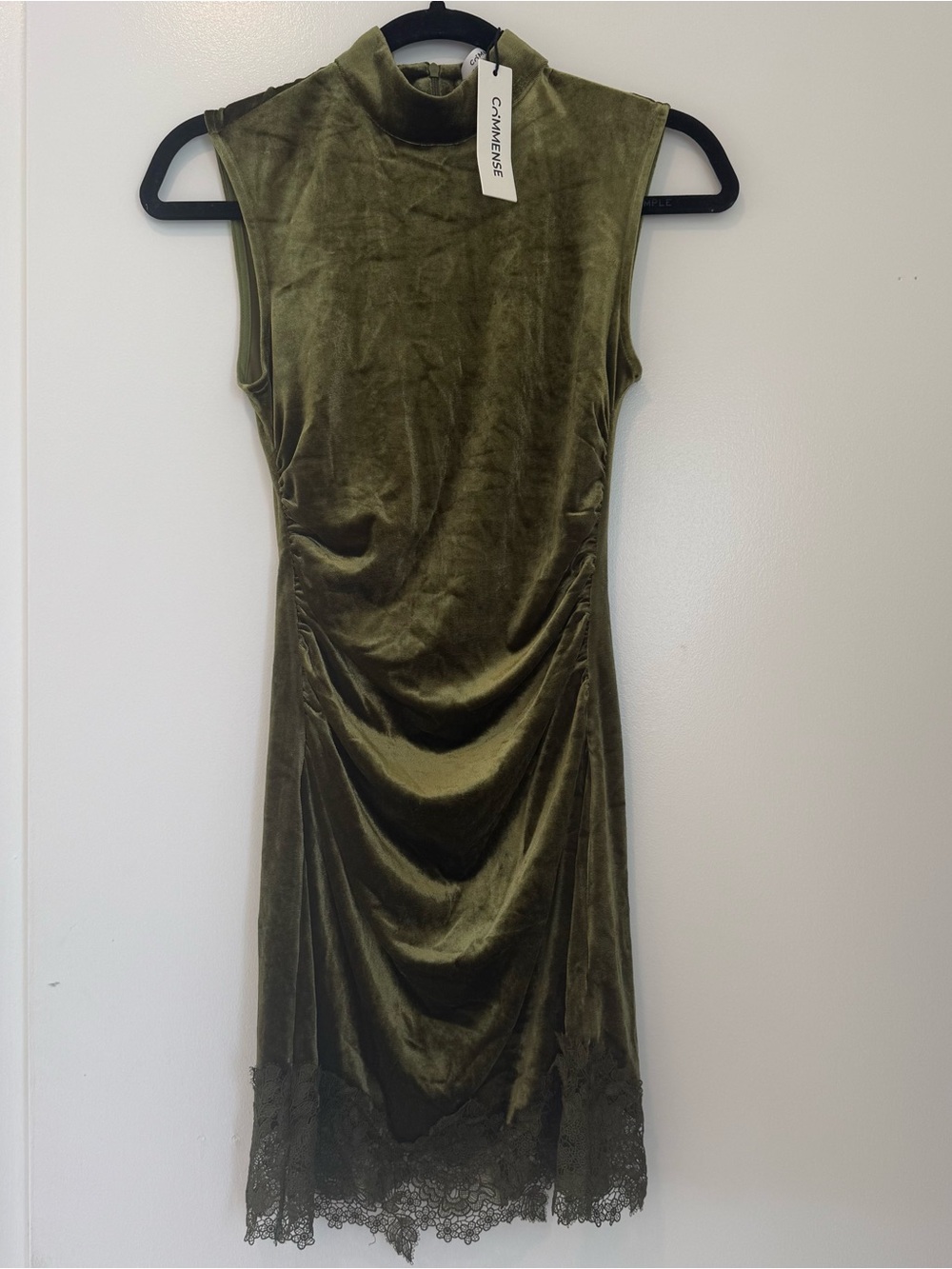 Velvet Sleeveless Olive Green Dress with Lace Hem
